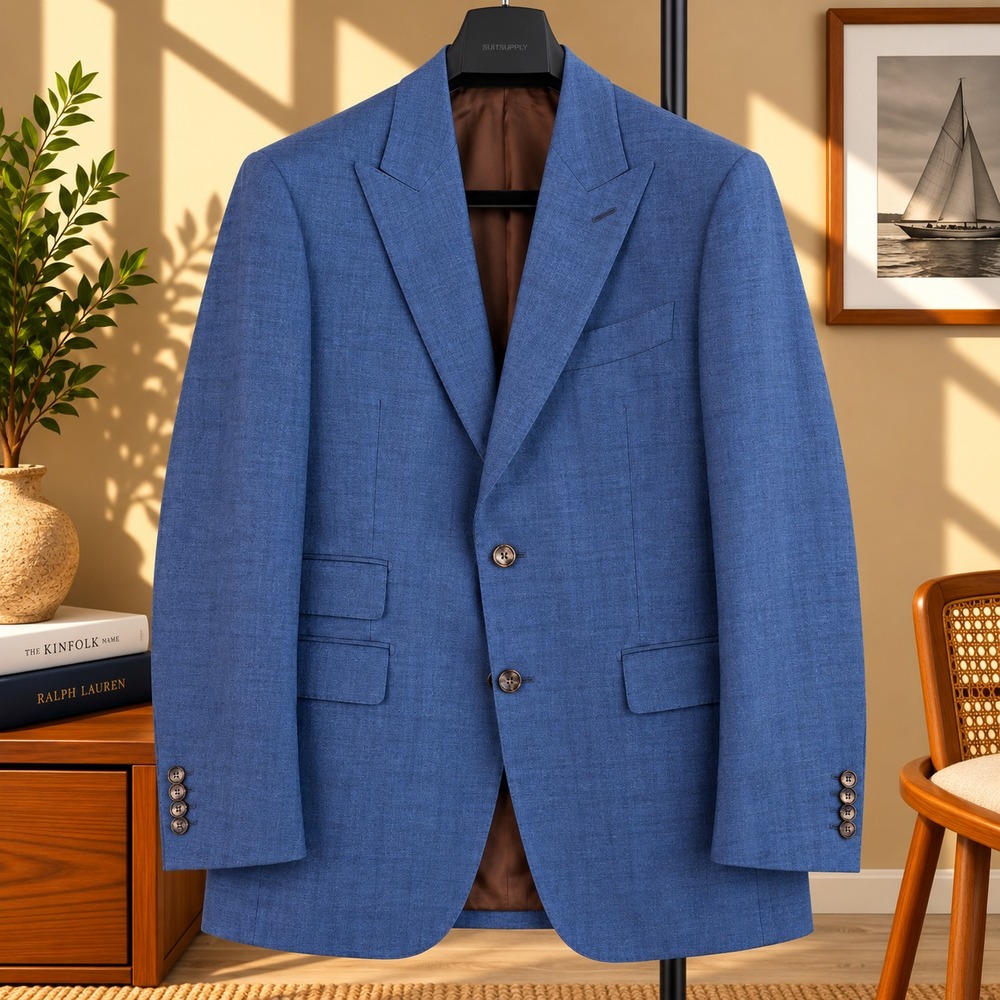 Suitsupply Washington Blazer Mens US 40R Blue Wool Silk Linen Ormezzano Italy
